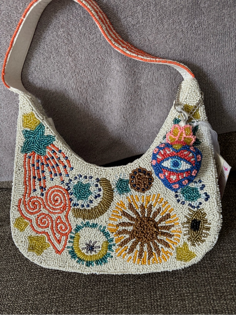 Beaded Embroidered Shoulder Bag in Cream with Multicolor Accents